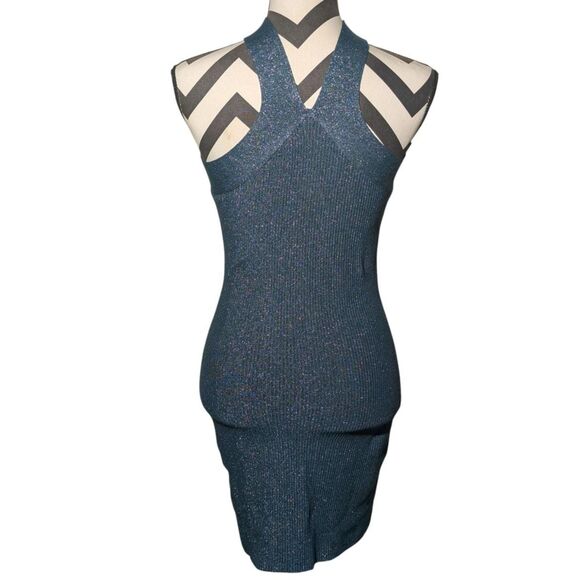 Sincerely Jules Blue Green Metallic Ribbed Knit Halter Mini Dress S Y2K Bodycon - Picture 4 of 4